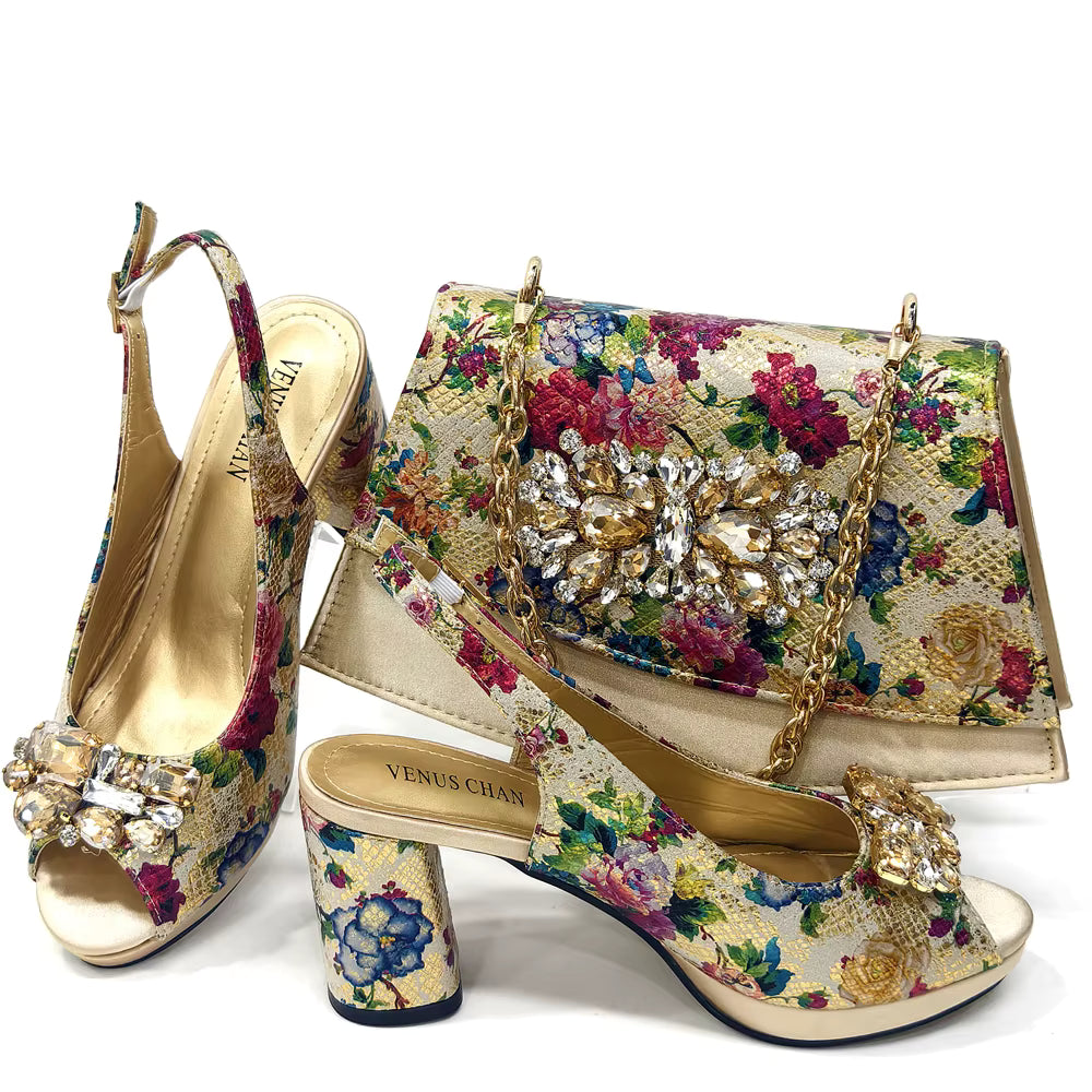 Wedding Party Bigger Size Thick Heel Sandals and Bags Matching Set Mssza