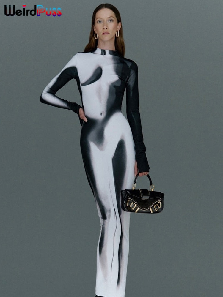 Weird Puss Gradient Maxi Dress Skinny Stretchy Long Sleeve O-Neck Trend Bodycon Mssaz Desses