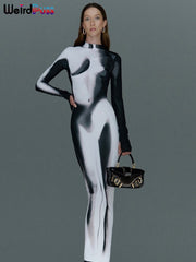 Weird Puss Gradient Maxi Dress Skinny Stretchy Long Sleeve O-Neck Trend Bodycon Mssaz Desses