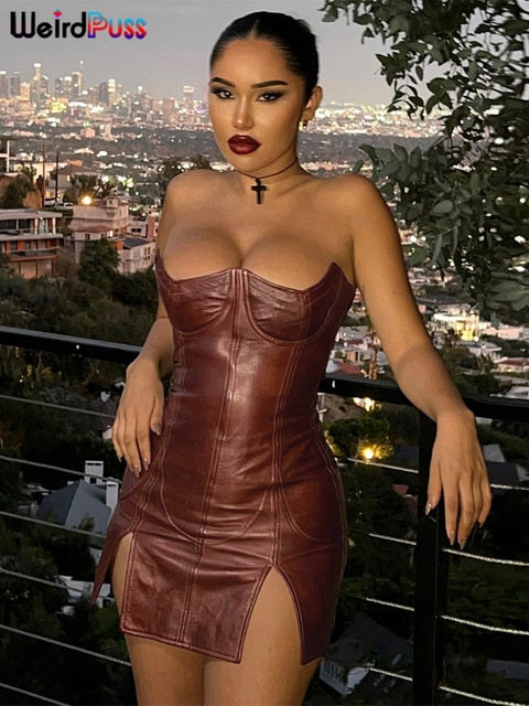 Weird Puss  Backless Dress Split Faux Leather Trend Skinny Solid Coquette Mssaz Desses