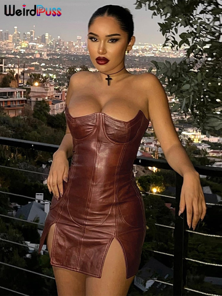 Weird Puss  Backless Dress Split Faux Leather Trend Skinny Solid Coquette Mssaz Desses