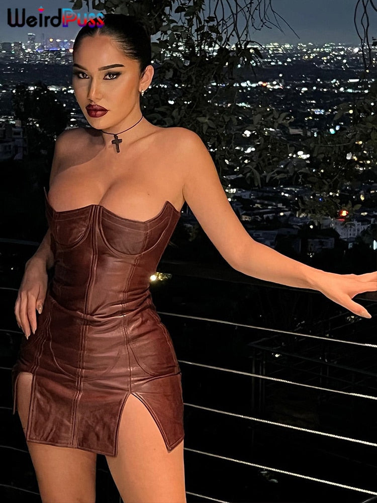 Weird Puss  Backless Dress Split Faux Leather Trend Skinny Solid Coquette Mssaz Desses