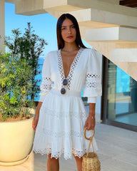 White Deep V Neck Lace Trim Dress Half Sleeve Hollow Out Dress Summer Mssaz Desses