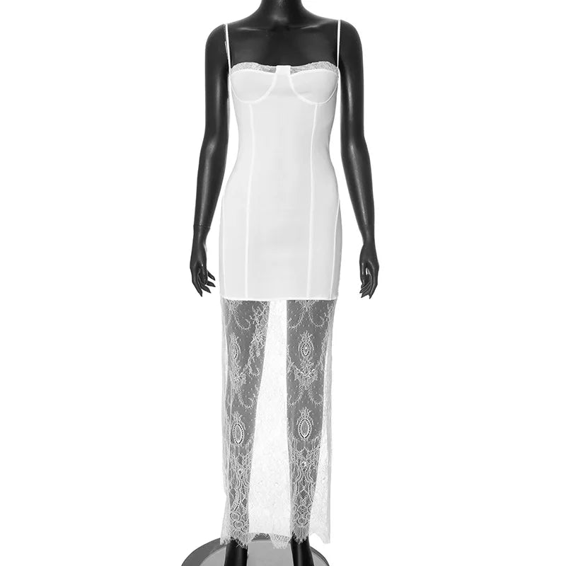White Lace Patchwork   Sleeveless Slim Charming Stylish Maxi Dress Mssaz Desses