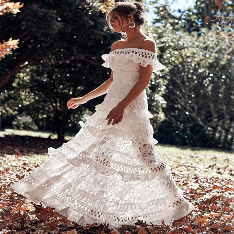 White Prom Dresses Lace Off Shoulder Ruffles Midi Dresses Mssaz Desses