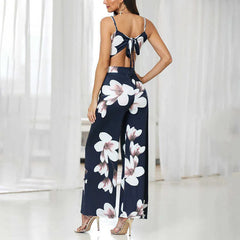 Wide Leg Jumpsuit Floral Backless Knotted One Piece Jumpsuit Mssza