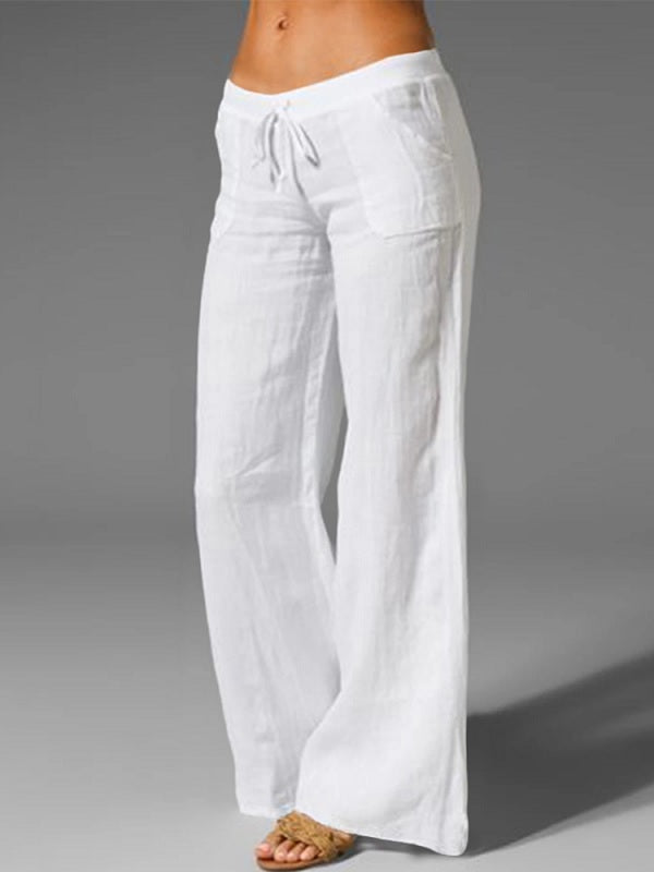 Wide Leg Loose Cotton Pure Color Elastic Waist Trousers Pants Mssza
