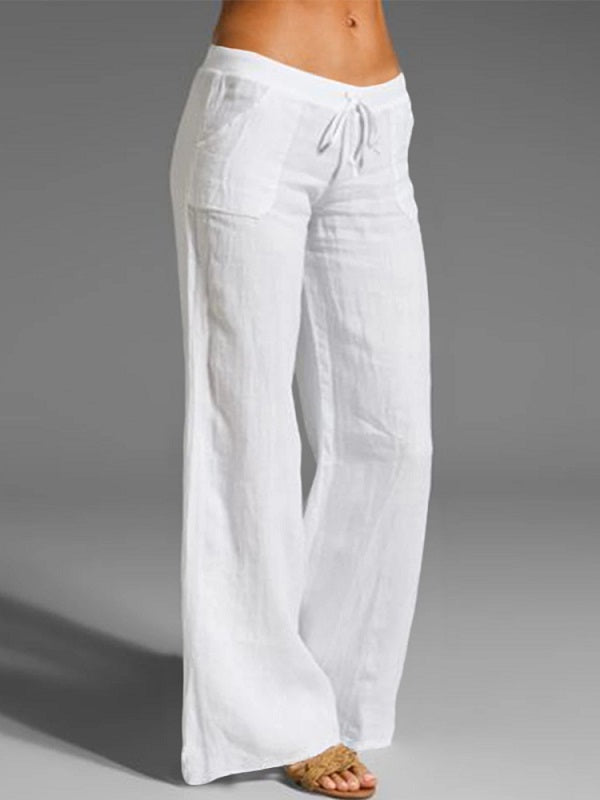 Wide Leg Loose Cotton Pure Color Elastic Waist Trousers Pants Mssza