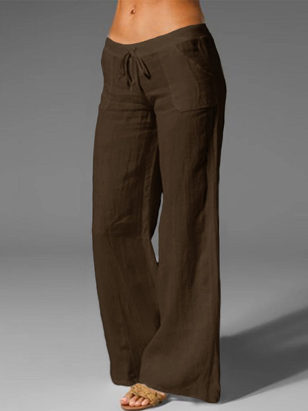 Wide Leg Loose Cotton Pure Color Elastic Waist Trousers Pants Mssza