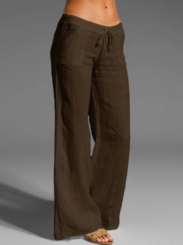 Wide Leg Loose Cotton Pure Color Elastic Waist Trousers Pants Mssza