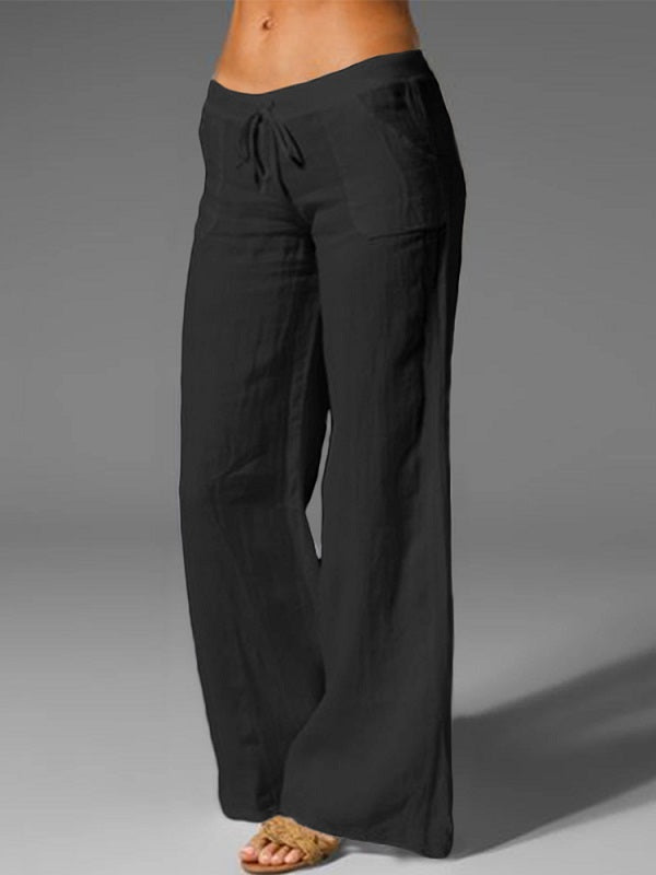 Wide Leg Loose Cotton Pure Color Elastic Waist Trousers Pants Mssza