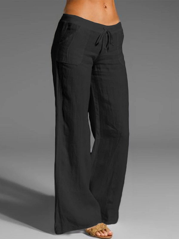 Wide Leg Loose Cotton Pure Color Elastic Waist Trousers Pants Mssza