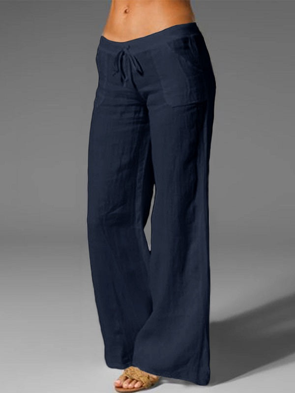 Wide Leg Loose Cotton Pure Color Elastic Waist Trousers Pants Mssza