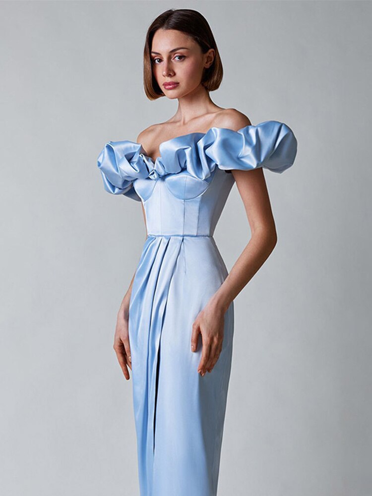One-Shoulder Puff Sleeve Wrap Chest Slit Long Dress Mssaz Desses