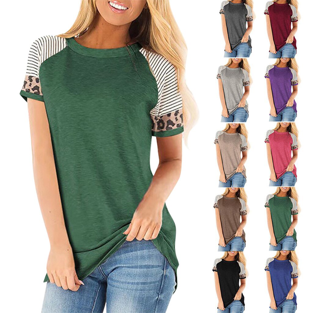 stripe leopard splicing short sleeve T-shirt Mssza