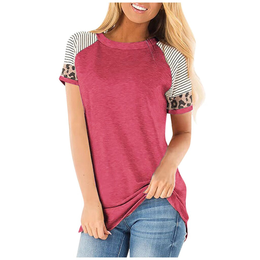stripe leopard splicing short sleeve T-shirt Mssza