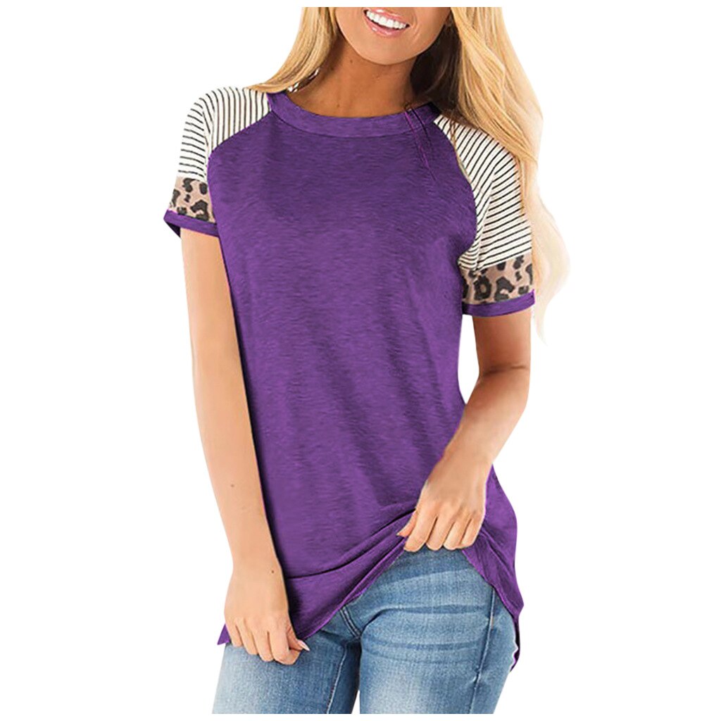 stripe leopard splicing short sleeve T-shirt Mssza