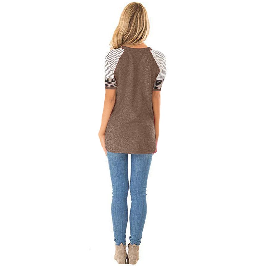 stripe leopard splicing short sleeve T-shirt Mssza