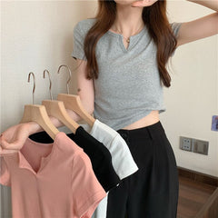 Superior Quality Solid Color V Neck Casual Short Sleeve T Shirt Mssza