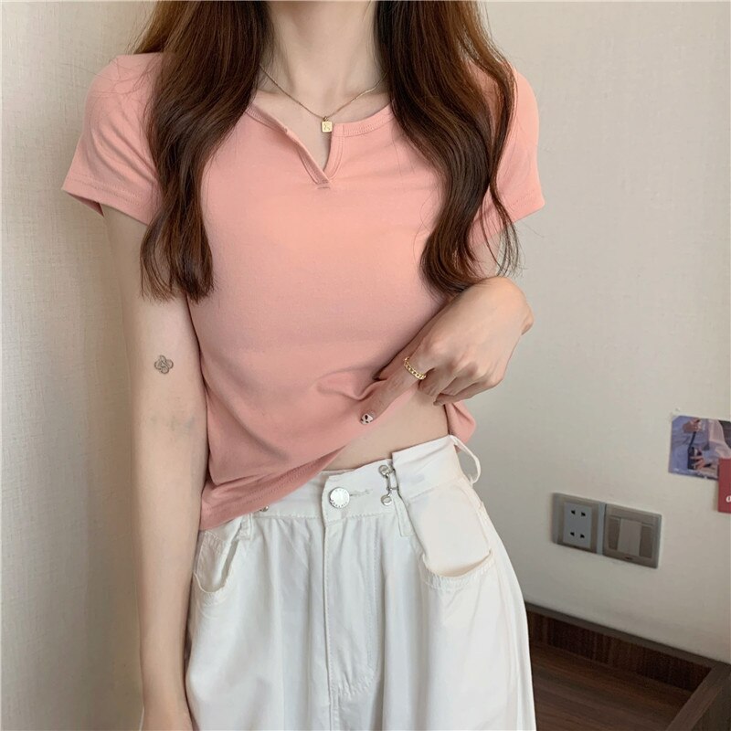 Superior Quality Solid Color V Neck Casual Short Sleeve T Shirt Mssza