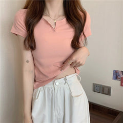 Superior Quality Solid Color V Neck Casual Short Sleeve T Shirt Mssza
