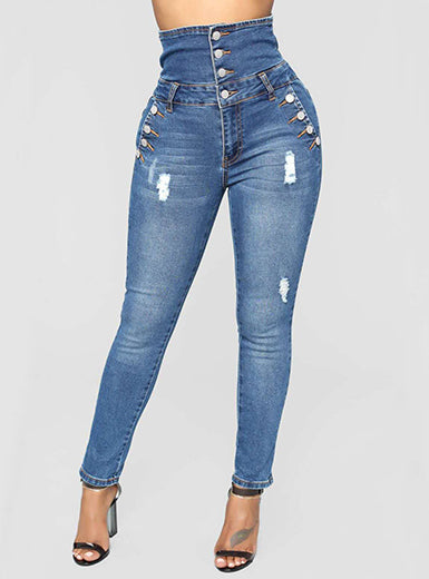 Front Button High Waist Faded Denim Skinny Jeans Mssza