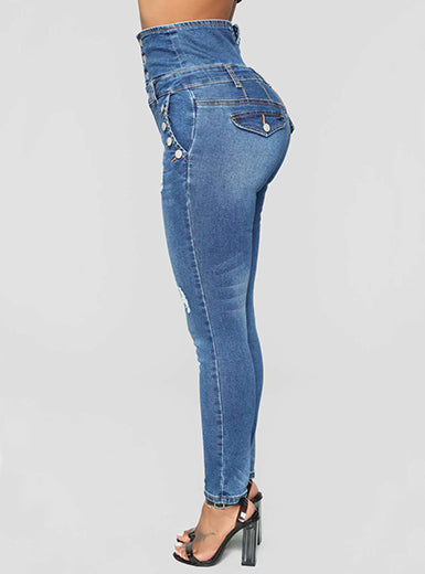 Front Button High Waist Faded Denim Skinny Jeans Mssza
