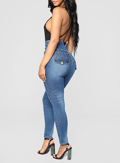 Front Button High Waist Faded Denim Skinny Jeans Mssza