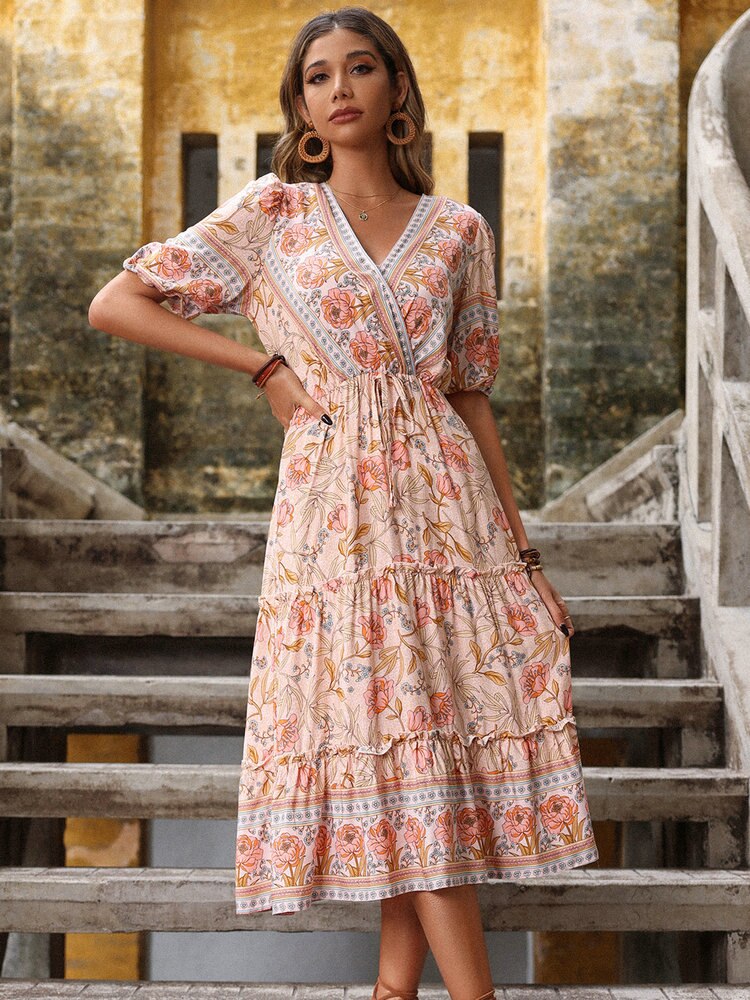 Bohemian Print V-neck HolidayChiffon Dress Mssaz Desses
