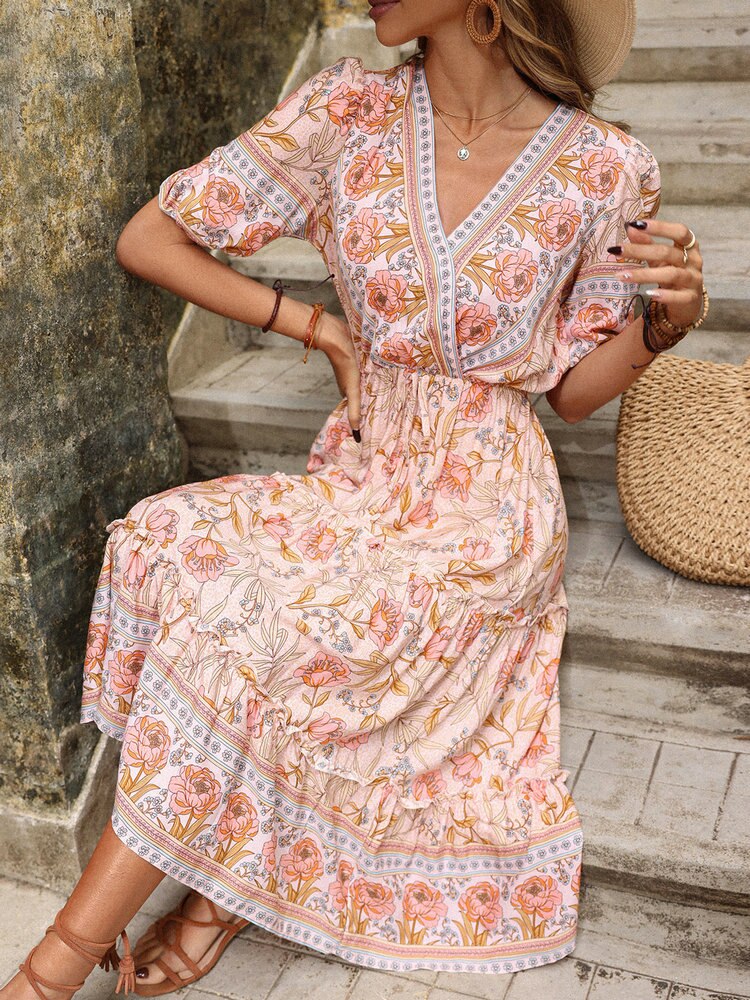 Bohemian Print V-neck HolidayChiffon Dress Mssaz Desses