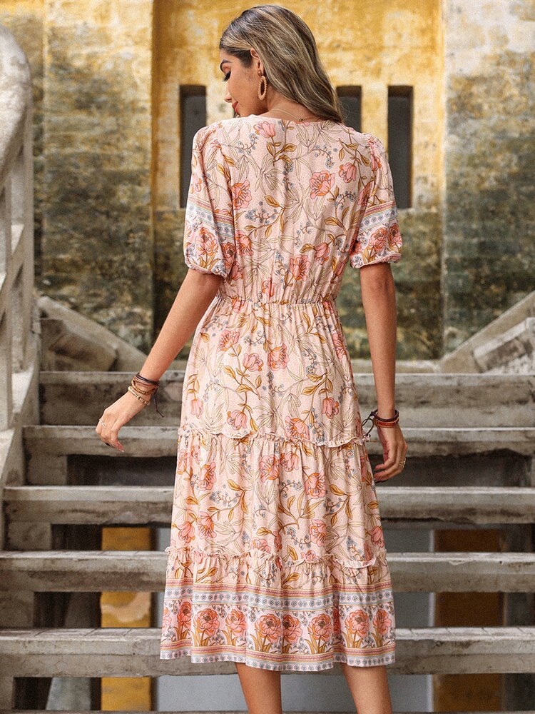 Bohemian Print V-neck HolidayChiffon Dress Mssaz Desses