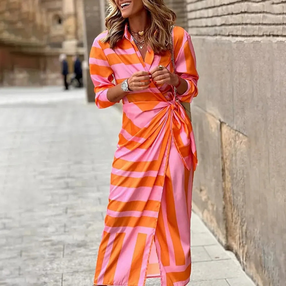Shirt Printed Button Ruched Bandage Long Solid V Neck Beach Casual Boho Dress Mssaz Desses