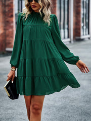 Round Neck Lantern Sleeve Ruffles Lace Up Dress Mssaz Desses