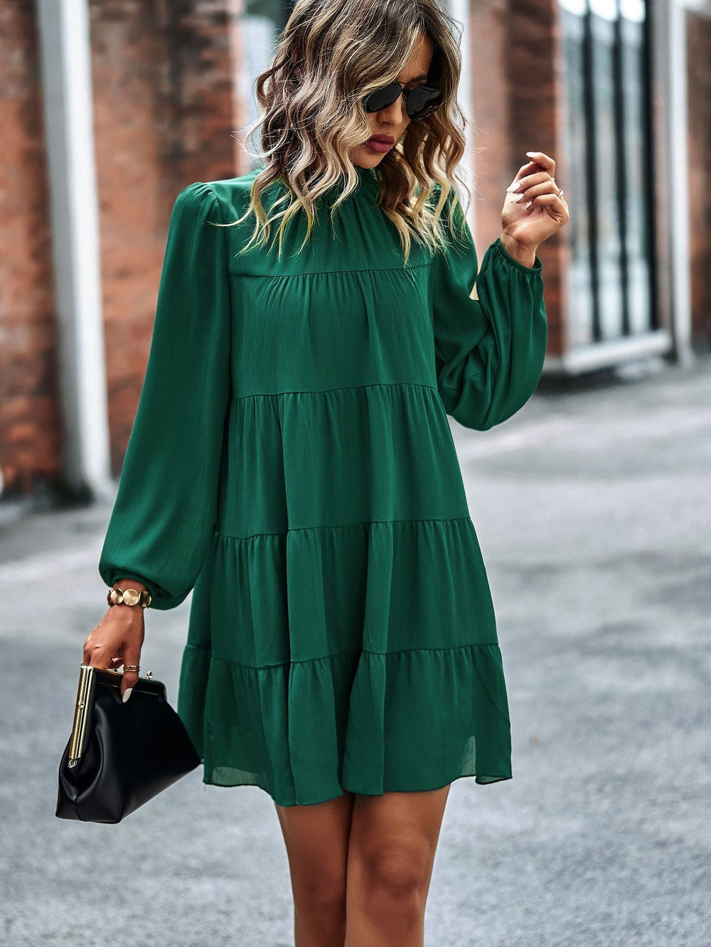 Round Neck Lantern Sleeve Ruffles Lace Up Dress Mssaz Desses