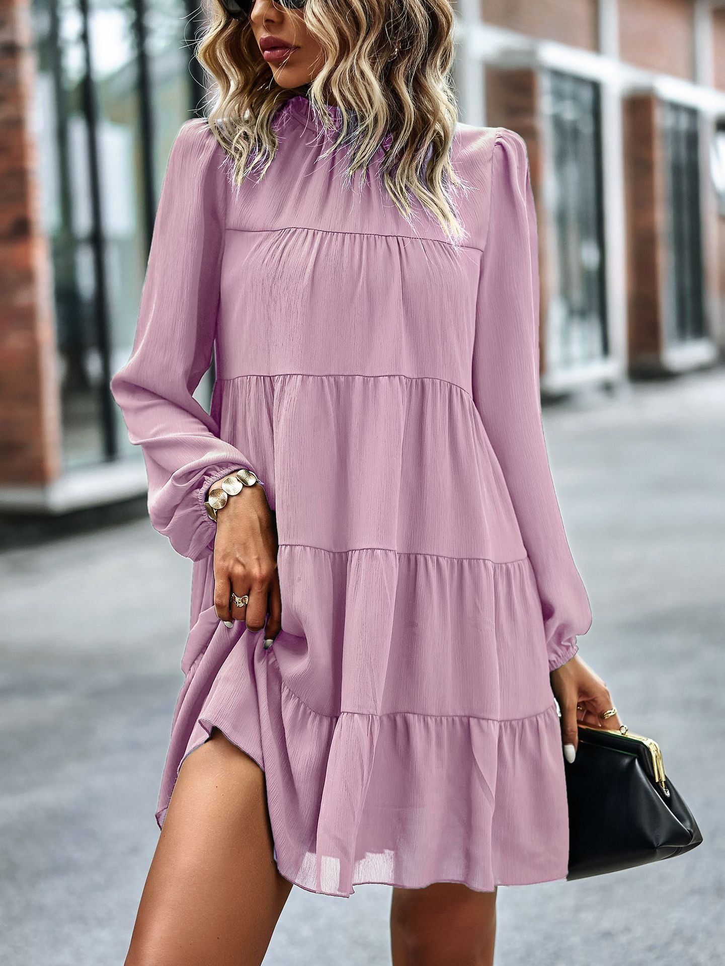 Round Neck Lantern Sleeve Ruffles Lace Up Dress Mssaz Desses