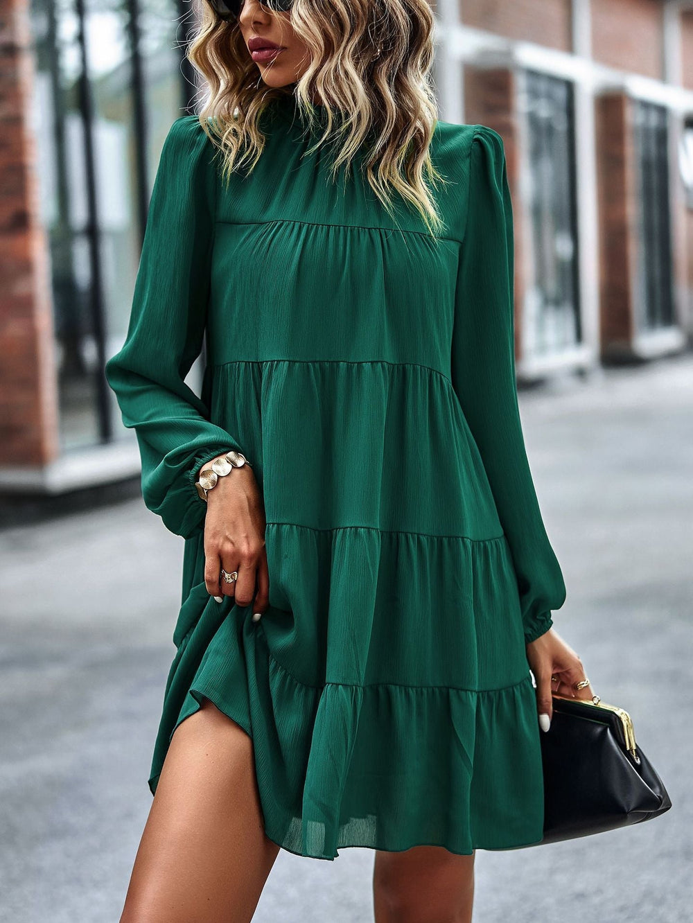 Round Neck Lantern Sleeve Ruffles Lace Up Dress Mssaz Desses