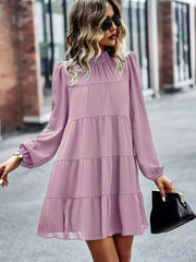 Round Neck Lantern Sleeve Ruffles Lace Up Dress Mssaz Desses