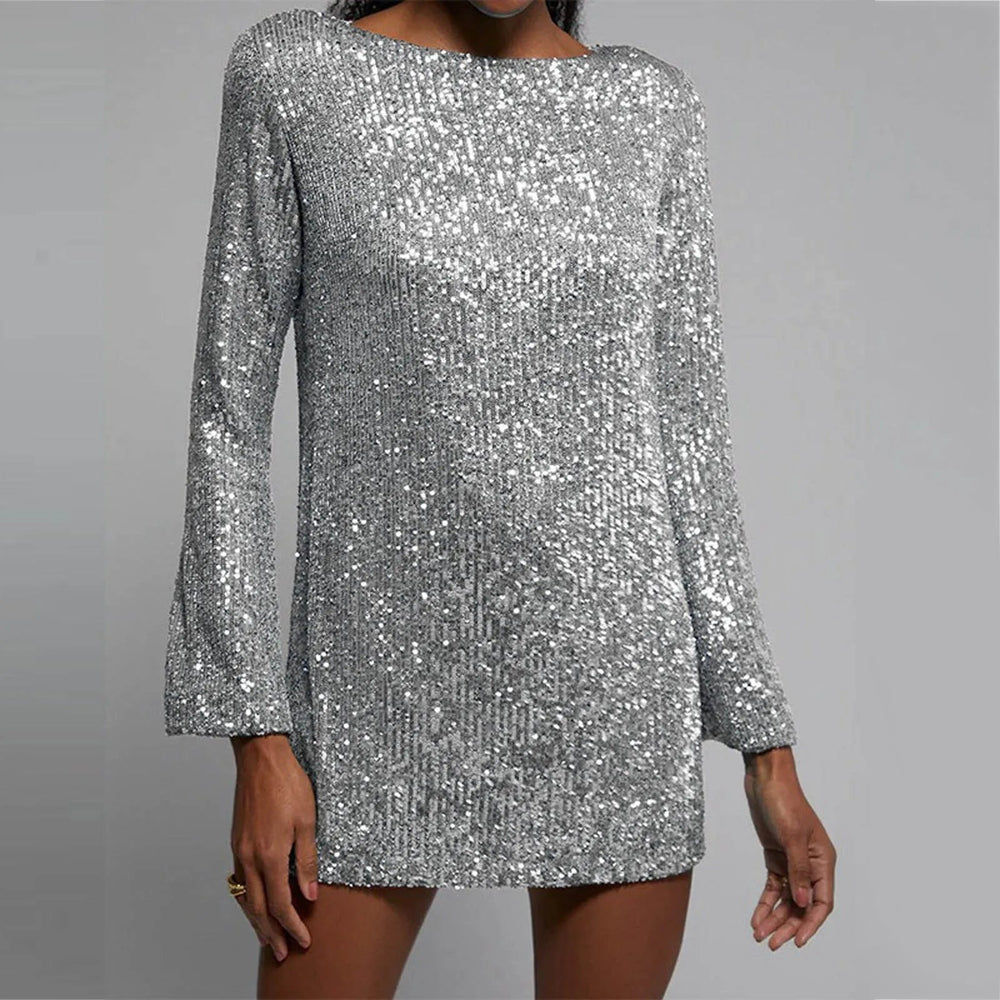 Sequins Party O Neck Long Sleeve Prom Solid Color Straight Short Spring Autumn Dress Mssaz Desses