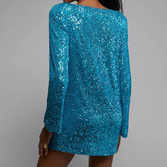 Sequins Party O Neck Long Sleeve Prom Solid Color Straight Short Spring Autumn Dress Mssaz Desses