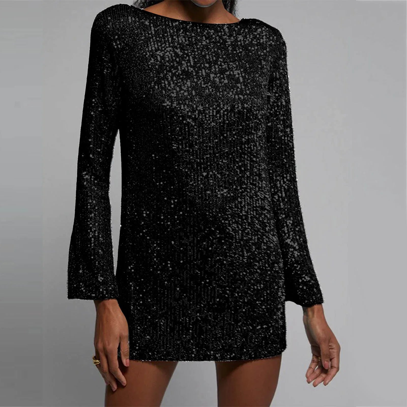 Sequins Party O Neck Long Sleeve Prom Solid Color Straight Short Spring Autumn Dress Mssaz Desses