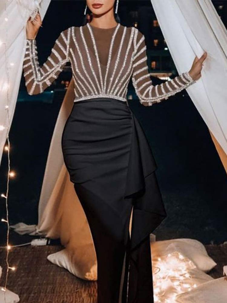 Splic Sequins Lace Embroidery Irregular Maxi Dress Mssaz Desses