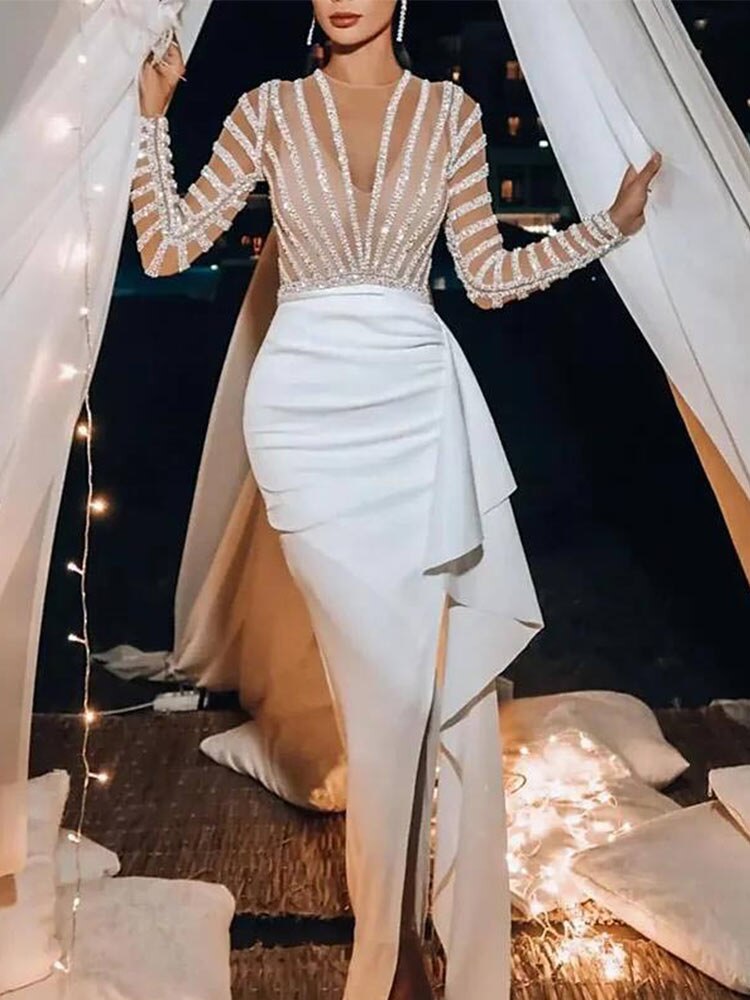 Splic Sequins Lace Embroidery Irregular Maxi Dress Mssaz Desses
