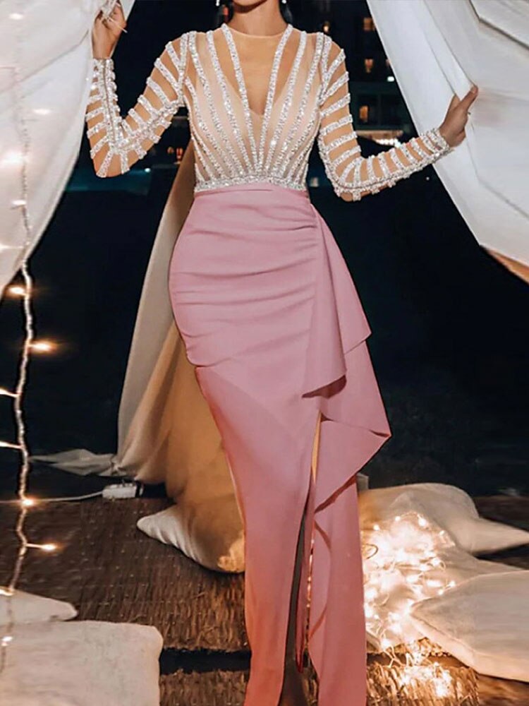 Splic Sequins Lace Embroidery Irregular Maxi Dress Mssaz Desses
