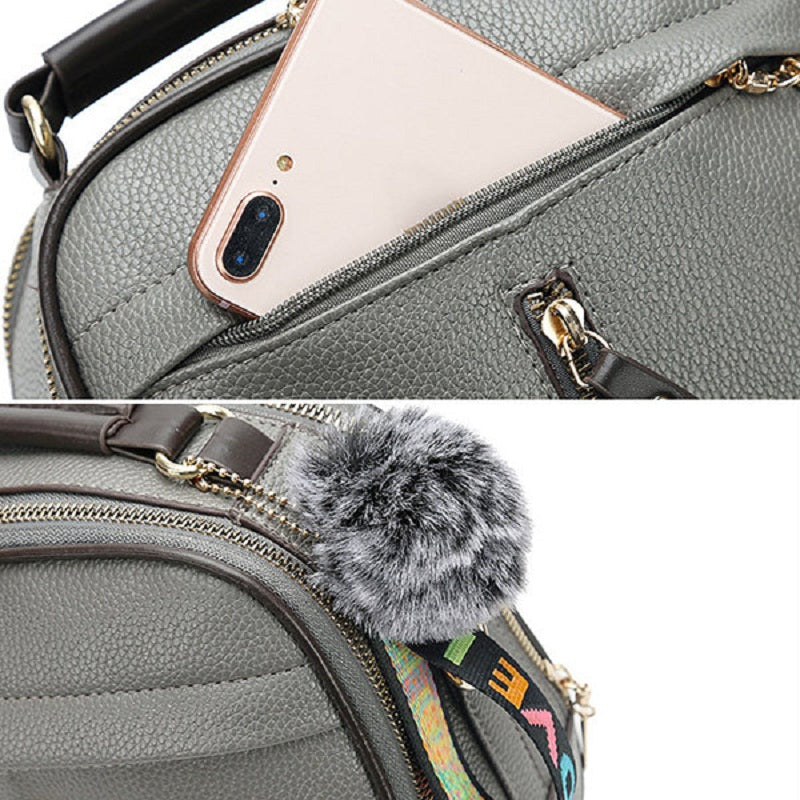 Women Faux Leather Plain Fur Ball Handbag Shoulder Bag Cross body Bag Mssza