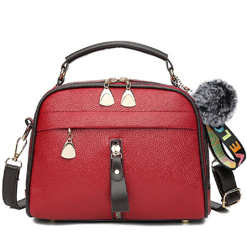 Women Faux Leather Plain Fur Ball Handbag Shoulder Bag Cross body Bag Mssza