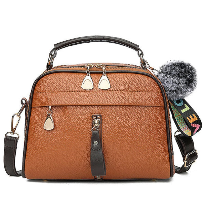 Women Faux Leather Plain Fur Ball Handbag Shoulder Bag Cross body Bag Mssza