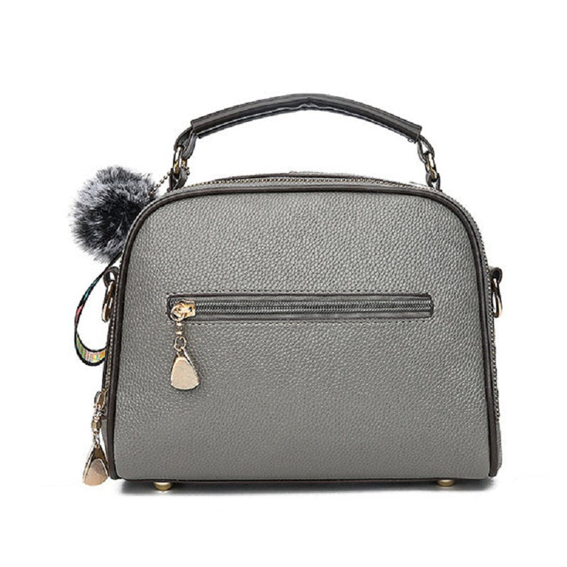 Women Faux Leather Plain Fur Ball Handbag Shoulder Bag Cross body Bag Mssza