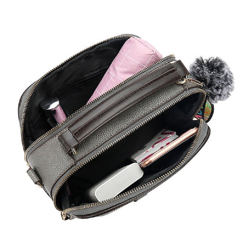 Women Faux Leather Plain Fur Ball Handbag Shoulder Bag Cross body Bag Mssza