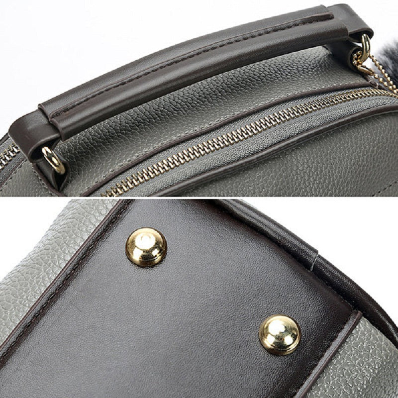 Women Faux Leather Plain Fur Ball Handbag Shoulder Bag Cross body Bag Mssza