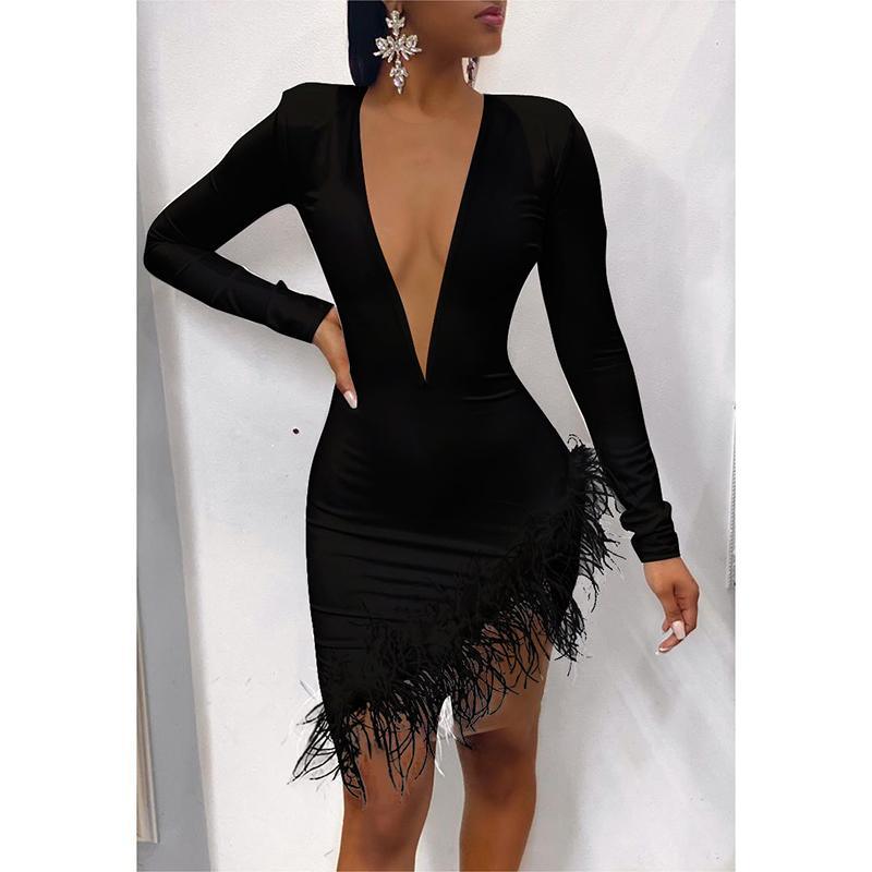 Faxu Feather Long Sleeve Dress Mssaz Desses
